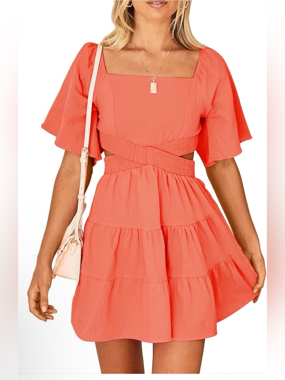 Coral Cutout Tiered Mini Dress | Size Medium